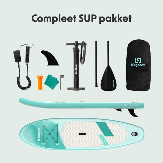 LifeGoods SUP Board All-round Compact - 100 KG Belastbarkeit - 300 x 76 cm - Aufblasbar - SUP-Komplettpaket - Mintgrün