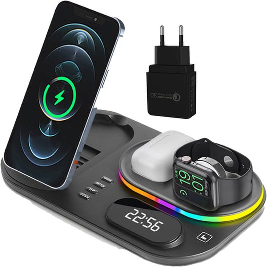 iSetchi Wireless Qi Charger 15 Watt Schnellladegerät (4-in-1) - Mit Quick Charge 3.0 Adapter, LED Uhr & LED Lampe - Qi Ladestation