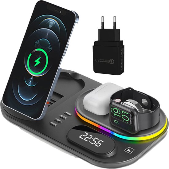 iSetchi Wireless Qi Charger 15 Watt Schnellladegerät (4-in-1) - Mit Quick Charge 3.0 Adapter, LED Uhr & LED Lampe - Qi Ladestation