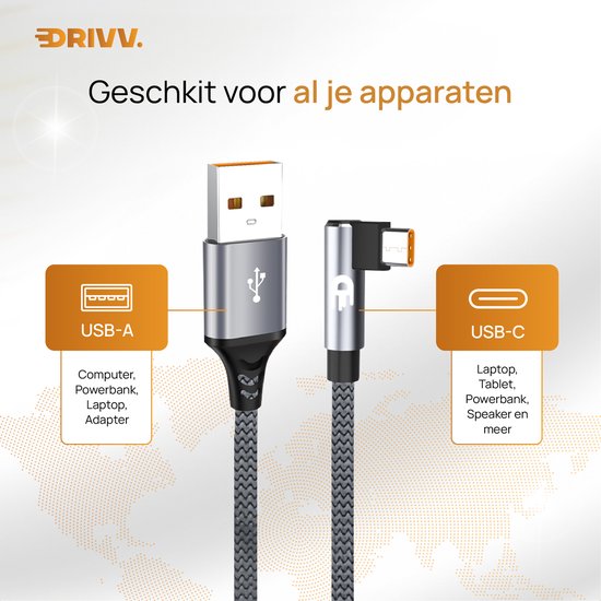 Drivv. USB-zu-USB-C-Kabel – abgewinkelt – USB-C-Daten- und Ladekabel – Fast Charge / Schnelllader – 1 Meter – Grau