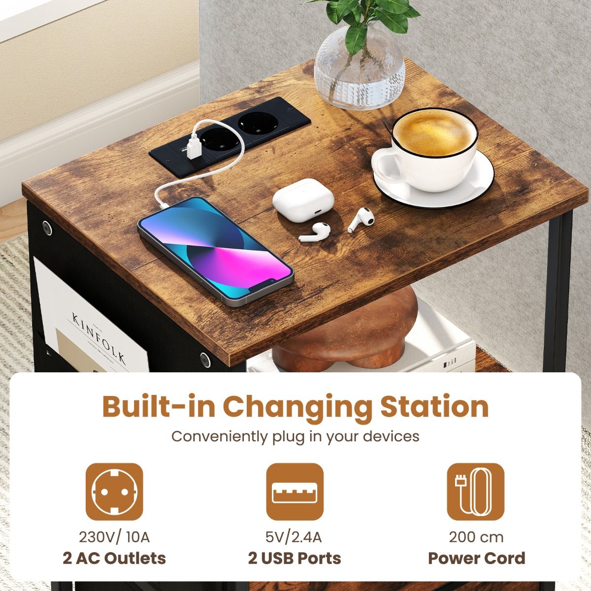 Coast 2-teiliges Beistelltisch-Set – mit Ladestation und LED-Beleuchtung – 2 Stoffschubladen und 6 Seitentaschen – rustikales Braun