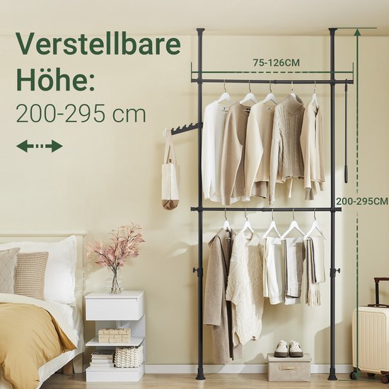 SoBuy Teleskop-Kleiderständer – Verstellbares Aufbewahrungssystem – Kleiderstangensystem – B(75–126) × H(200–295) cm, Schwarz, FRG109-II-SCH