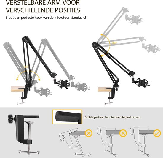 UPLY Mikrofonarm - Inklusive Pop-Filter und Shockmount - Ohne Mikrofon - Boom Arm - Mikrofonständer - Stativ - Faltbar - 360 Grad - Schwarz
