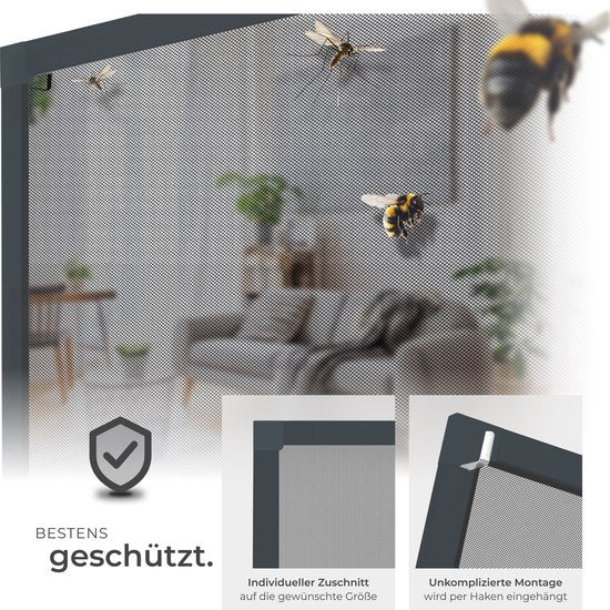 tectake® Einsteck-Insektenschutzgitter – Fenstergitter – 130 x 150 cm – Für Fensterrahmen, individuell anpassbar ohne Bohren und Schrauben – Mückengitter – Anthrazit