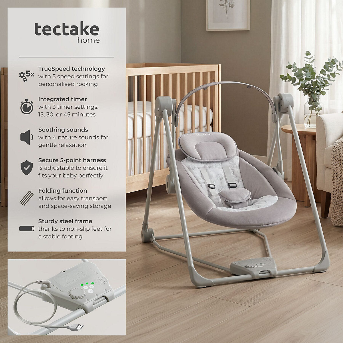 Tectake Babyschaukel 75,5 x 56 x 68 cm – 5 Geschwindigkeitsstufen/Timer – 4 Geräusche – Hellgrau