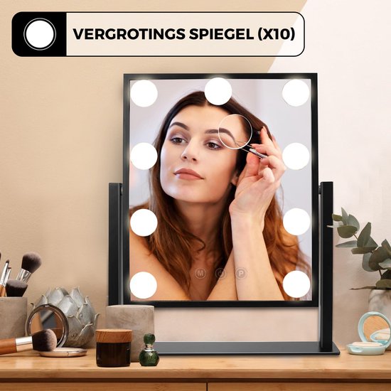 Bayt - Spiegel mit Beleuchtung - Hollywood-Spiegel mit Beleuchtung - Make-up-Spiegel mit Beleuchtung - dimmbar - 10-fache Vergrößerung - 36 x 30 cm - Schwarz
