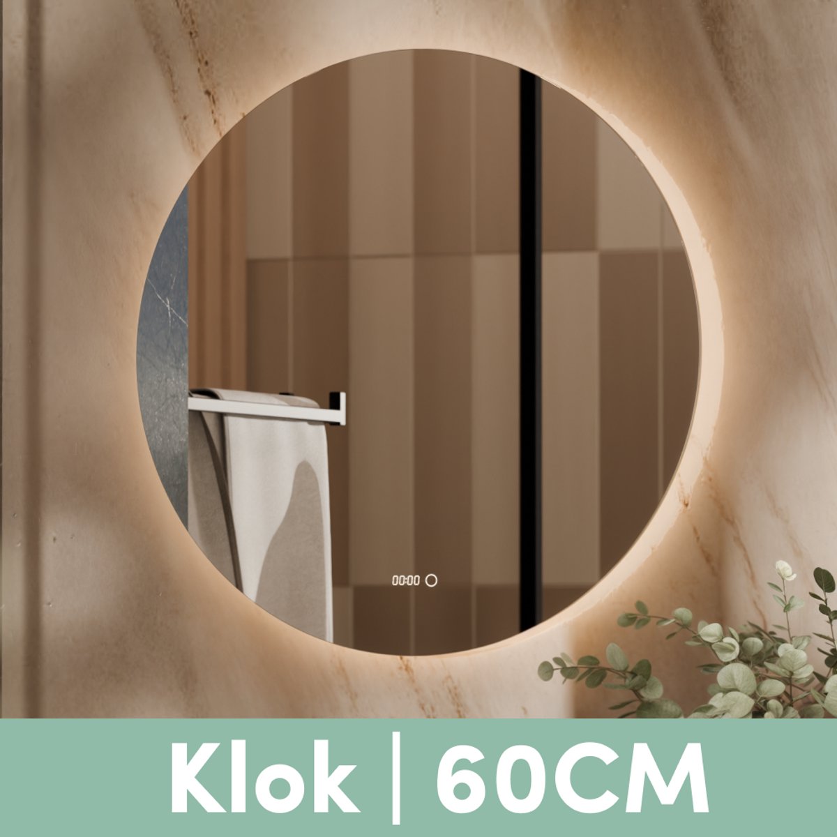 Beloura Badezimmerspiegel mit Beleuchtung - Runder Badezimmerspiegel - Heizung - Uhr - LED - 60 cm