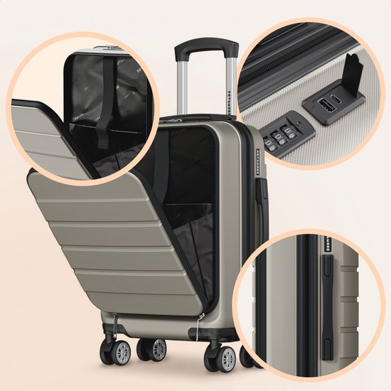 TRVLMORE Reisekoffer – 54 x 37 x 23 cm – mit Frontfach – 44 l – TSA-Schloss – 4 Rollen – Champagner