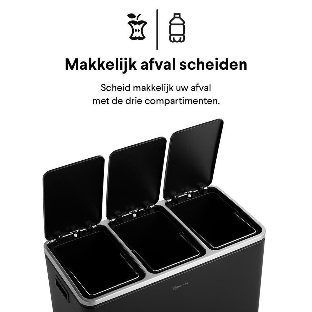 Homra - Mülleimer - Mülltrennsystem  - 3 Fächer - 3 x 18 L Fassungsvermögen - 54 Liter - Edelstahl - Schwarz