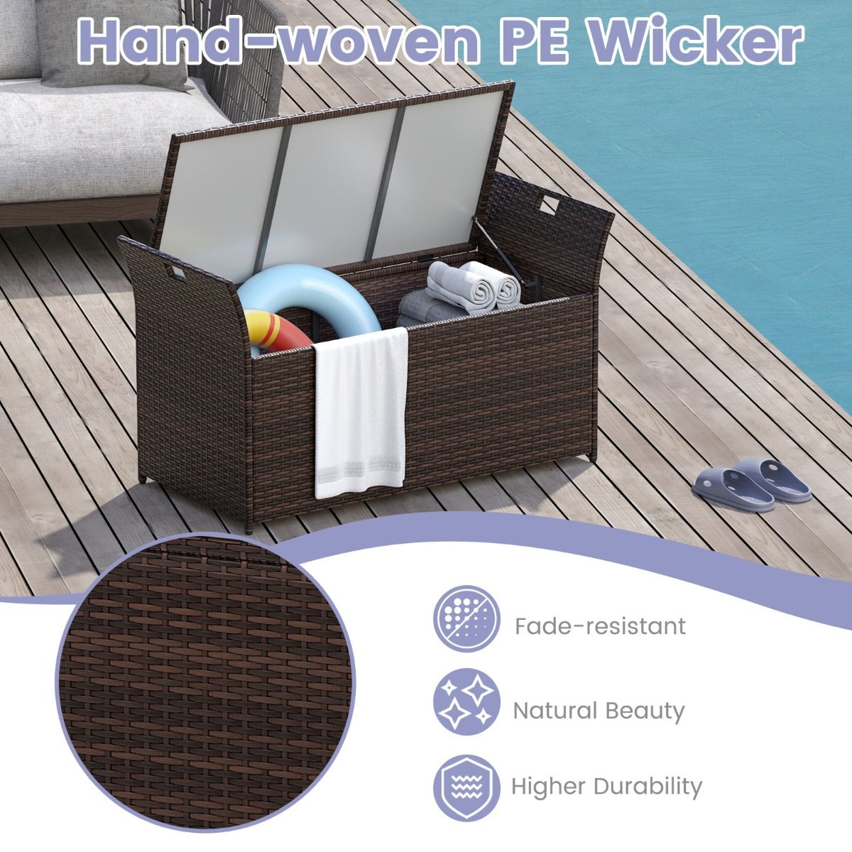 Coast PE Rattan Aufbewahrungsbox 125x56x71 cm - Rustikales Braun/Grau - 260L Aufbewahrungsbank für Innen & Außen mit Kissen