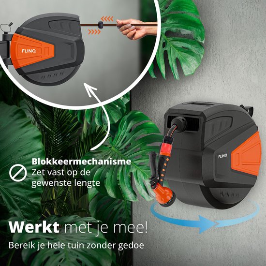 FlinQ Gartenschlauchaufroller 30 Meter – Automatischer Schlauchaufroller – Um 180° drehbarer Wandaufroller – Wandschlauchbox mit Gartenschlauch, Aufroller und Sprühkopf – 9 Sprühstufen