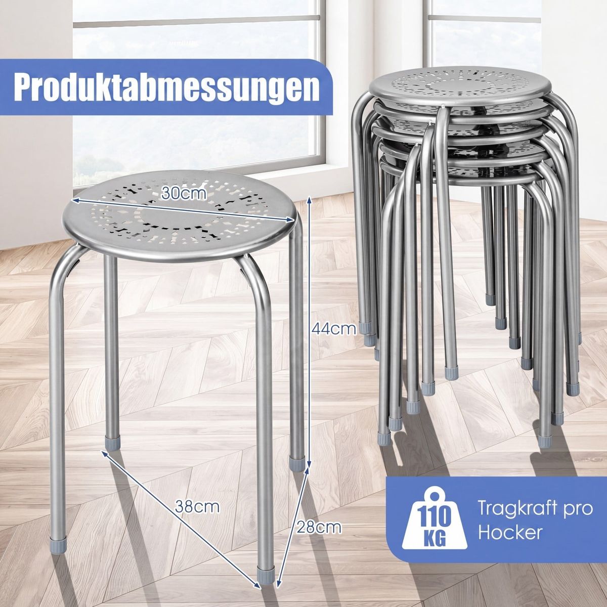 Coast 6-teiliges Set stapelbarer Metallhocker – verstärkter Rahmen – sofort einsatzbereit – grau