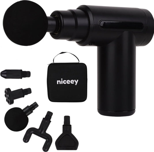 Niceey - Mini-Massagepistole - 6 Geschwindigkeiten - 5 Massageköpfe - Kabellos - Schwarz