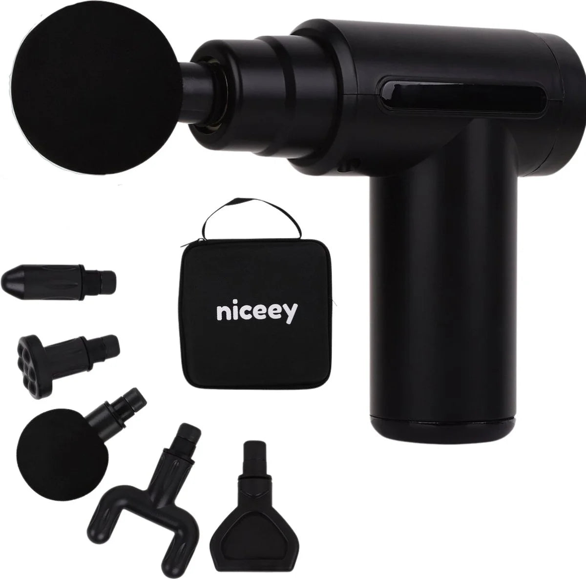Niceey Massage Gun Mini - Leistungsstark - Kabellos - 5 Aufsätze - Sport- und Entspannungsmassagegerät - Mit Etui - Schwarz