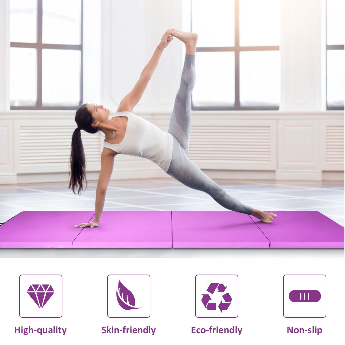 Coast Faltbare Fitnessmatte – Gymnastikmatte mit Griffen – Klettverschluss – lila 240 x 116 x 5 cm