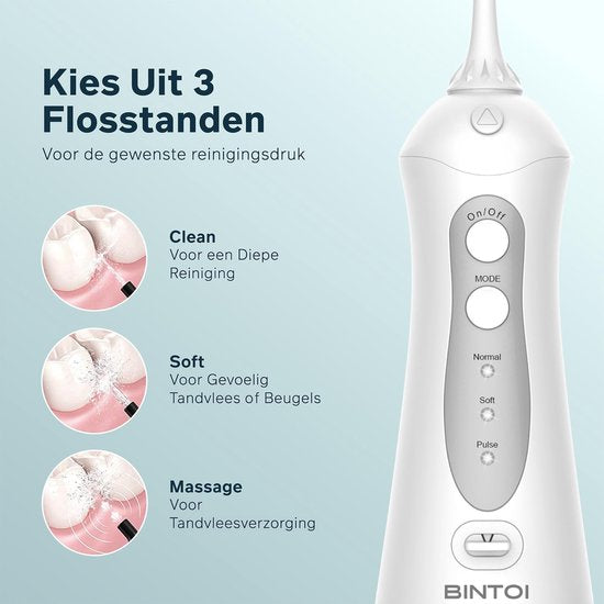 Bintoi® iSonic F500 - Wasserflosser - Professionelle Munddusche - Zahnseide für Zahnspangen - Flosser - 3 Stufen und 4 Aufsätze - IPX7 Wasserdicht - Inkl. Reisetasche Geschenk