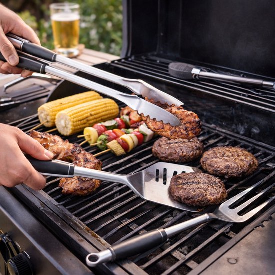 alpina BBQ Tools Set - 6-teiliges Grillset mit Spatel, Grillzange und Fleischgabel - Inklusive 4 Spieße - Edelstahl - Ideal zum Grillen von Fleisch und Gemüse