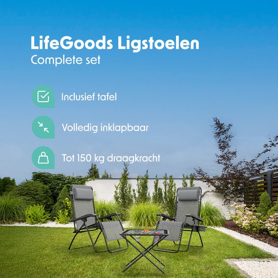 LifeGoods Liegestühle - klappbar - Komplettset - mit Beistelltisch - 30°-90° verstellbar - Gartenstühle - Metall - Grau