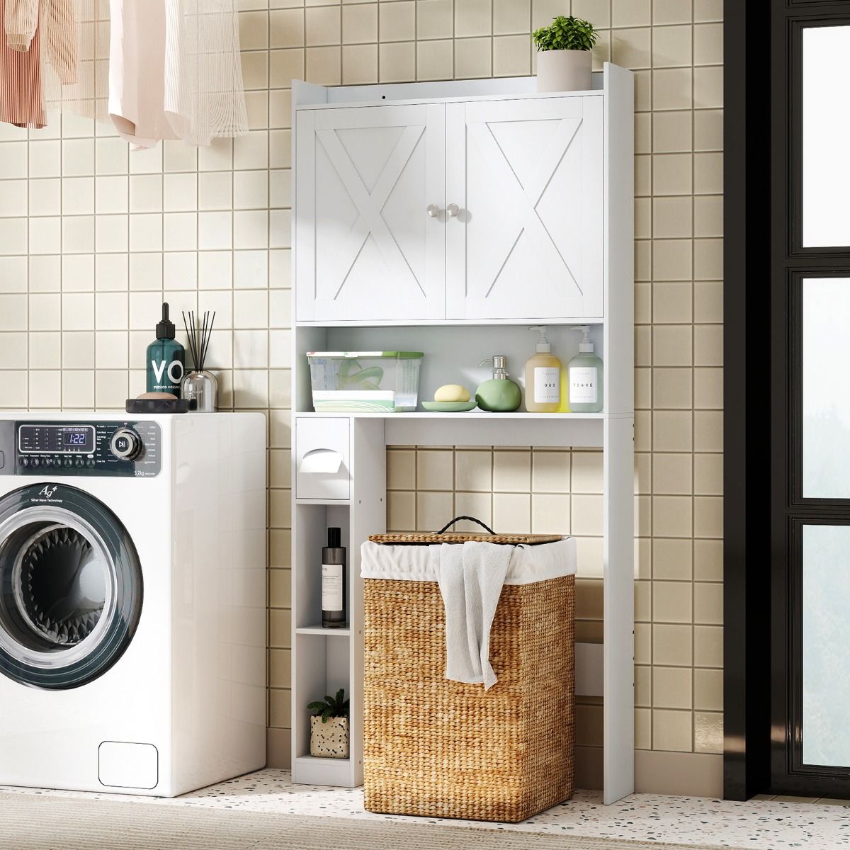Coast Toilettenschrank mit Doppeltüren – verstellbare Einlegeböden – Toilettenpapierhalter – gewaschenes Grau/Weiß – 81,5 x 19,5 x 172 cm