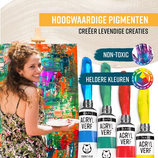NAPI Acrylfarbe 24 Farben + 3 Pinsel - Gebrauchsfertig - Inklusive Farbkreis - Hobby-Farbset - Malen mit Acrylfarbe - 24 Tuben