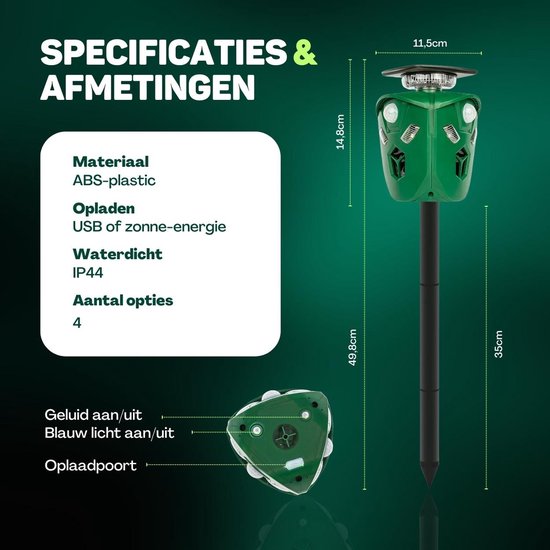 Vulpes Goods® Repellent - Solarbetriebenes Ultraschall-Katzenabwehrgerät - Katzenschreck - Marderabwehr - Tierabwehr - Wasserdicht & 360° Schutz - Schädlingsabwehr - PRO Version