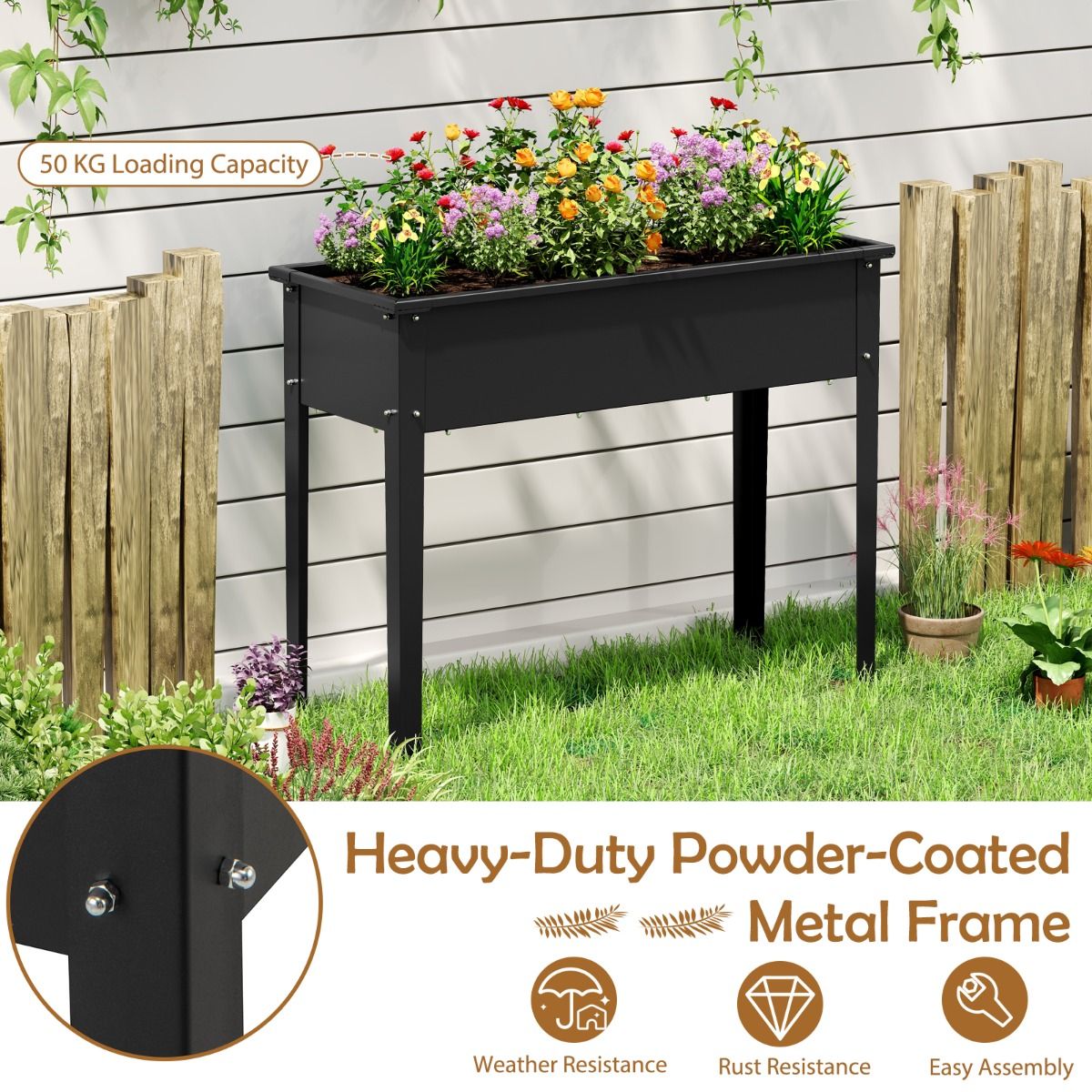 Coast Erhöhter Pflanzkübel – Gartenkübel aus Metall mit Füßen – mit Abflusslöchern – schwarz – 100 x 40 x 80 cm