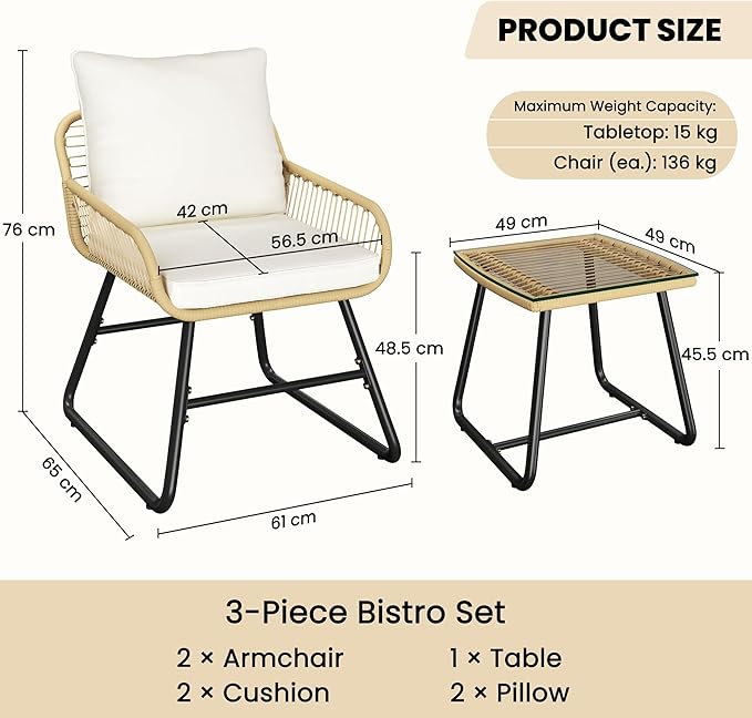 Yaheetech 3-teiliges Bistro-Set – inklusive Kissen und Glastisch – Beige/Creme