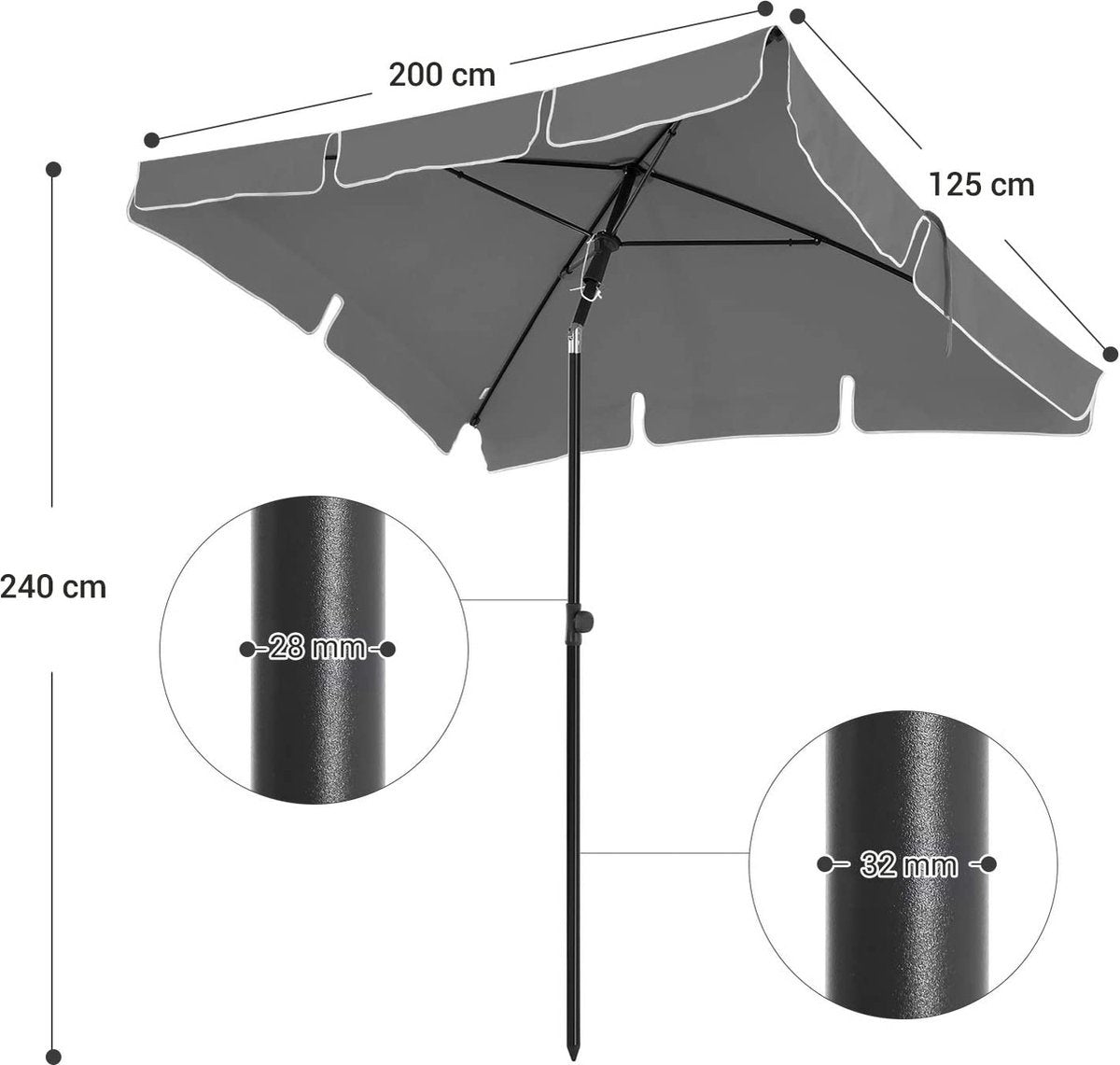 O'DADDYÂ¬Ã† Sonnenschirm - Rechteckig 200 x 125 cm - Balkon Sonnenschirm mit Kippmechanismus - Sonnenschirm Balkon rechteckig - Grau