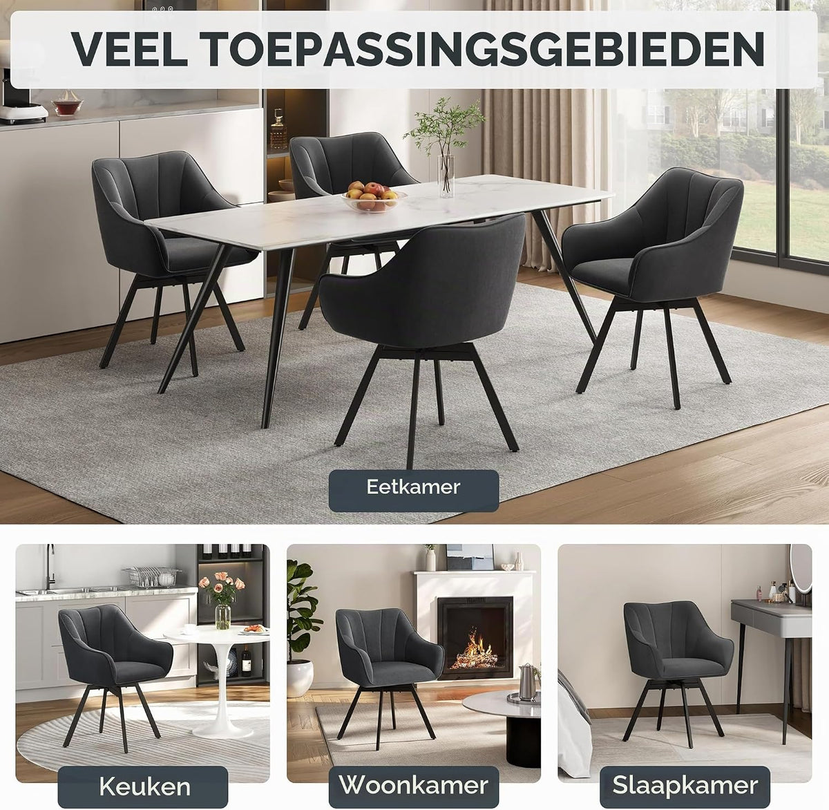 Drehbare Esszimmerstühle, 2er-Set mit Armlehnen und Samtbezug in Dunkelgrau