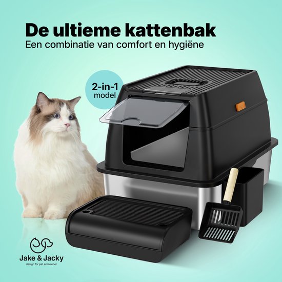 Jake und Jacky Edelstahl-Katzenklo – Katzen-Toilette aus Edelstahl – inkl. Katzenschaufel mit Halter und Streuauffang-Trittstufe – 2-in-1-Katzenklo mit abnehmbarem Deckel – 60 x 40 x 38 cm – Schwarz