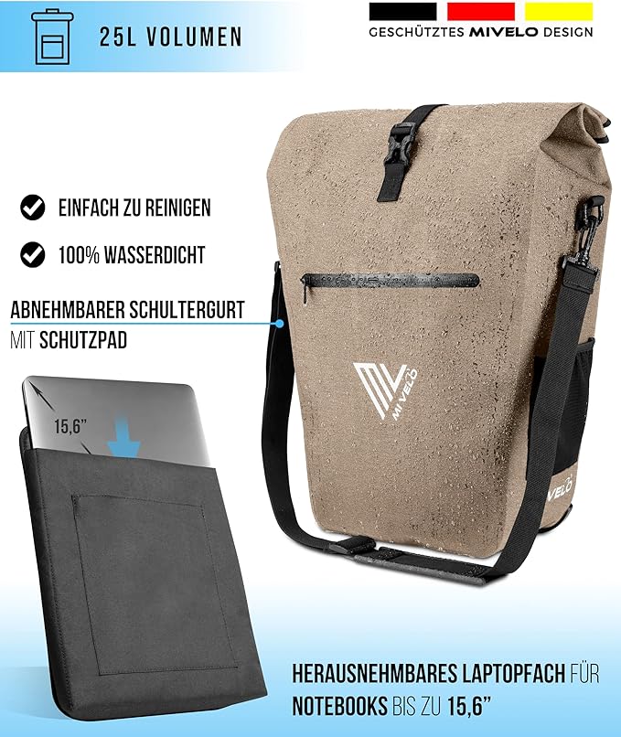 MIVELO - Packtasche - Wasserdicht - Inkl. Laptopfach & Fahrradschloss - 25 Liter - Sandbeige
