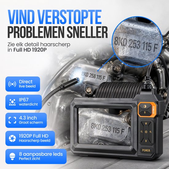 Strex Endoskop mit Bildschirm 15M – Inspektionskamera – Kanalinspektionskamera mit HD-Bild – IP67 wasserdicht – Einstellbare LED-Beleuchtung