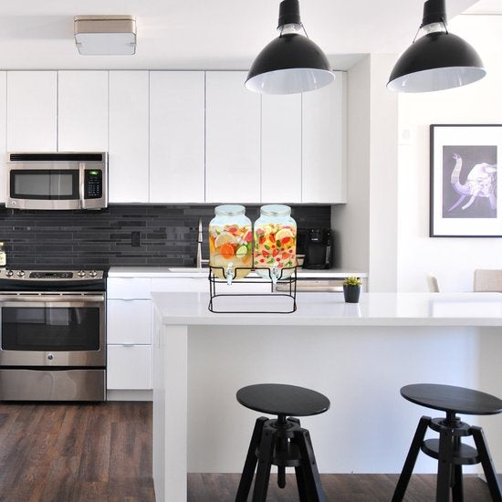 Doppel-Getränkespender - 2x 4 Liter - inkl. Ständer 33x17x32cm - Glas - Schwarz/Transparent