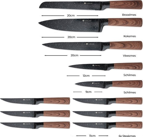 DymundÂ® Messerset mit Block - Kochmesserset inkl. Messerblock - (13-teilig) - Schwarz - Edelstahl