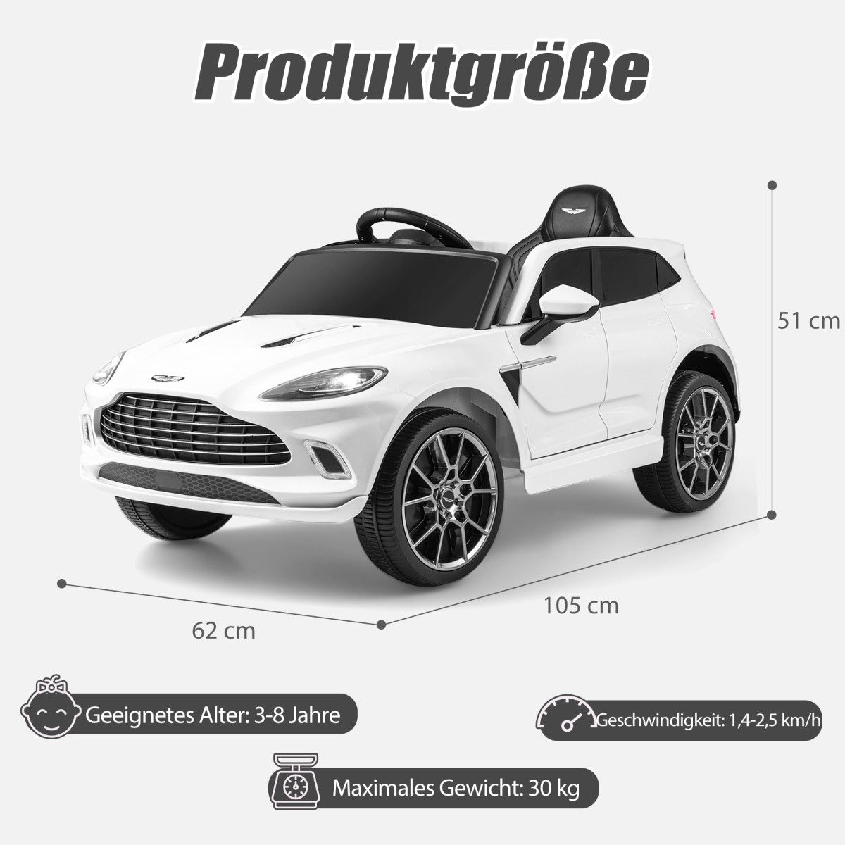 Coast 12V Aston Martin DBX Kinderauto mit 2,4g Fernsteuerung 1,4-2,5 km/h weiß