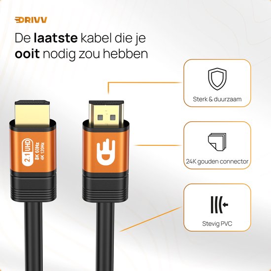Drivv. Premium HDMI Kabel 2.1 - Ultra HD - 8K 60Hz - 4K 120Hz - Geeignet für Xbox Serie X & PS5 - 1 Meter - Orange