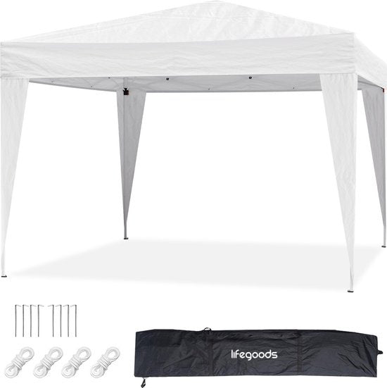 LifeGoods Partyzelt - Pavillon - 3x3 m - leicht aufbaubar - faltbar - wasserdicht - Tragetasche mit Rädern - weiß