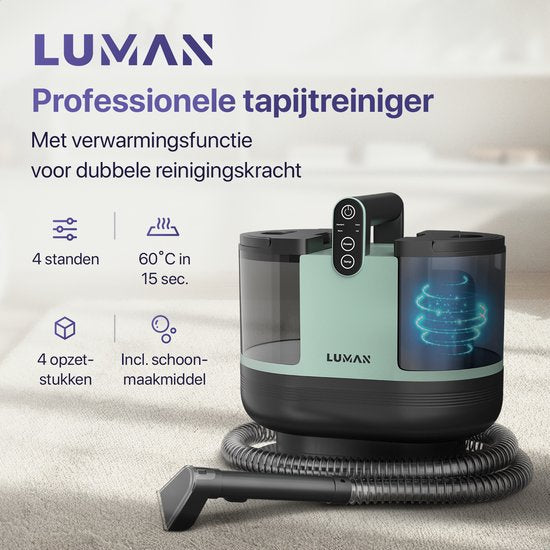 LUMAN 4 in 1 Teppichreiniger - Heizfunktion und Selbstreinigung - Fleckenreiniger - Sitzreiniger - Reiniger für Sofa, Boden, Auto und Teppich - 4 Bürsten - Inklusive Reinigungsmittel - 7 Meter Kabel