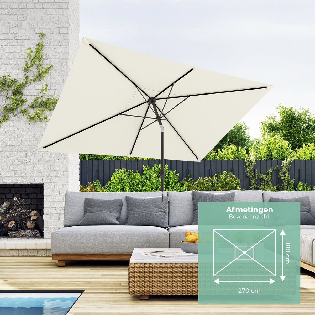 LifeGoods Sonnenschirm - 270x180cm - 30Â° neigbar - wasserdicht - mit Bezug - Creme