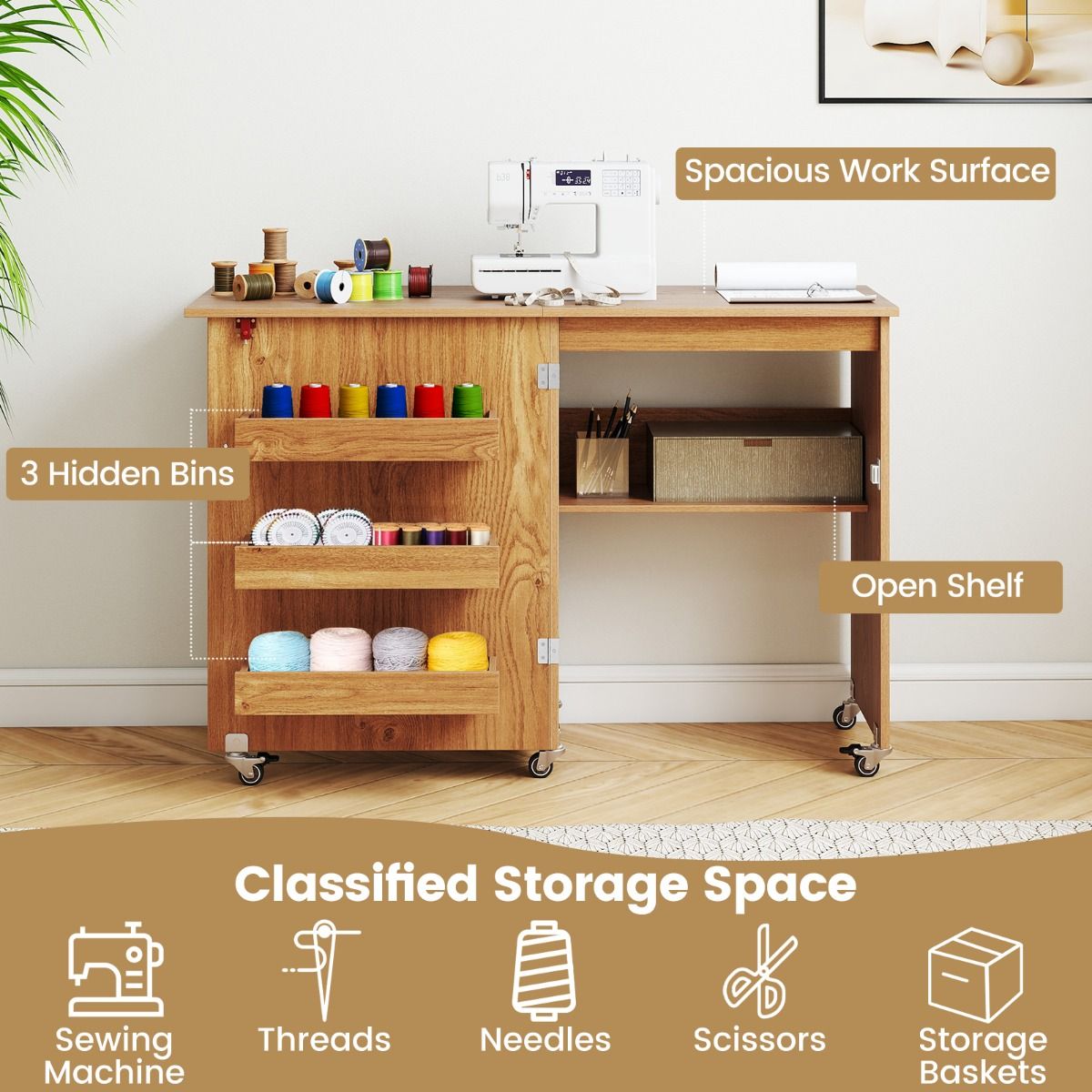 Coast Klappbarer Nähtisch – Mobile Bastelstation mit Ablagegestell – Drei versteckte Aufbewahrungsboxen – Naturfarben – 118,5 x 40 x 79,5 cm