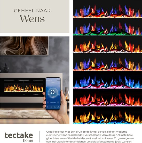 tectake® Wandkamin - Elektrokamin - Atmosphärischer Kamin - 106,5 x 12 x 43 cm - 900W & 1800W - Steuerung per Fernbedienung oder App - mit Thermostat - Ofen - mit Heizung - Kamine - Holz- und Glüheffekte - 3D-Flammen - Timer