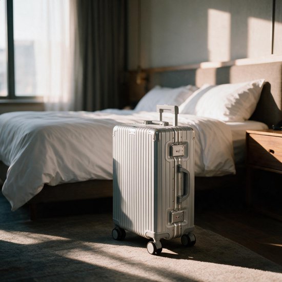 TRVLMORE Premium-Reisekoffer, mittelgroß – 65 x 43 x 26 cm – 360°-Spinner-Rollen – Doppeltes TSA-Zahlenschloss – Polycarbonat – Ohne Reißverschluss – 72 Liter – Silber