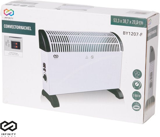Infinity Goods Elektrischer Konvektor - Turbofunktion und Gebläse - 750 / 1500 / 2000W - Einstellbares Thermostat - Heizkörperheizung - Ãœberhitzungsschutz - 35mÂ² - Schwarz/Weiß