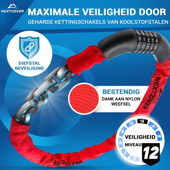 NEXTCOVER® - Digit Lock Fahrradschloss - Das Original - [SAFESECURE] - Fahrradschloss mit 5-stelligem Zahlencode, Zahlenschloss Fahrradstahl - Rot