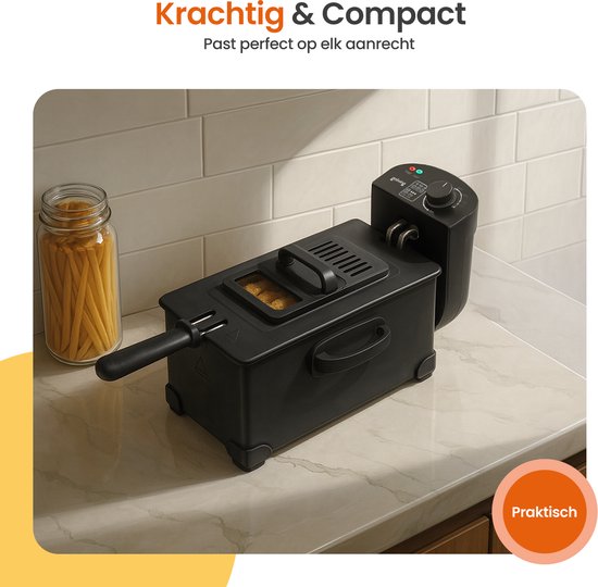 Goliving Fryer 3L - Fritteuse - Sichtfenster aus Glas - bis zu 190°C - 2000W - Edelstahl - Schwarz