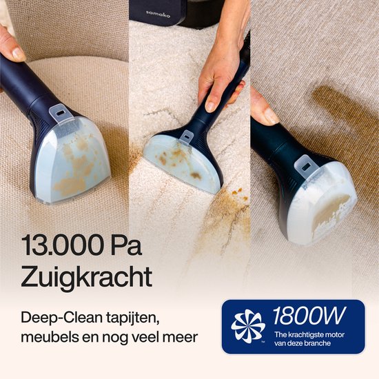 Samako - Teppichreiniger PowerClean Pro - 1800W - Dampfreiniger und Fleckenreiniger - 8 Aufsätze - 100° Dampf