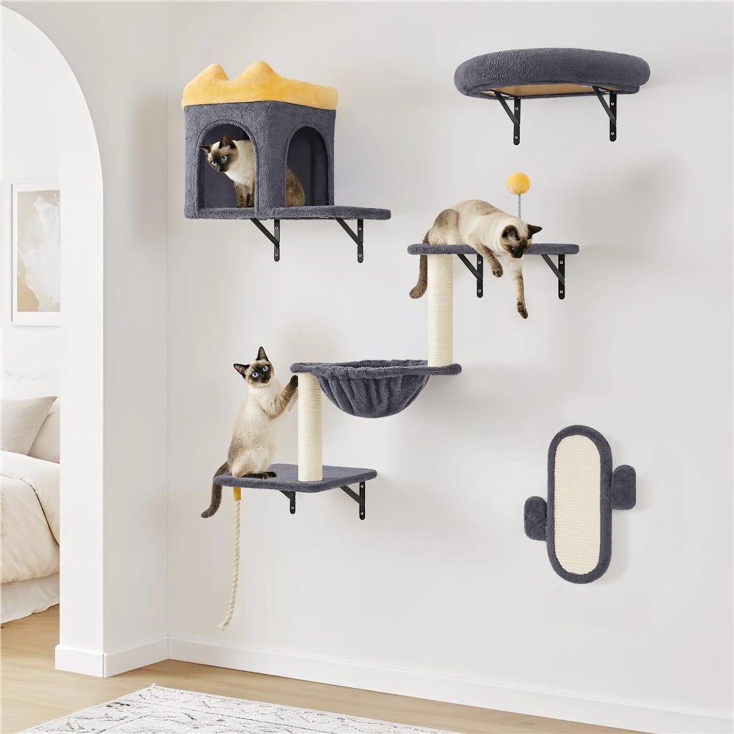 Yaheetech Wandmontiertes Katzenmöbel-Set - 49 x 30 x 40 cm - ausgestattet mit Katzenhöhle und Liegekorb und Sisalkratzpfosten und mehreren Plattformen - für 1-5 Katzen - dunkelgrauer Plüsch und Metall