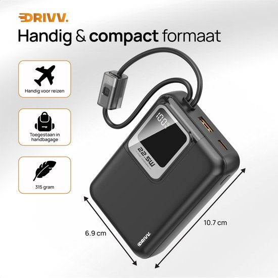 Drivv. Powerbank 20.000 mAh – Mit integriertem 8-Pin- und USB-C-Kabel – Inklusive 60-W-Ladekabel – 22,5-W-Schnellladefunktion – USB / USB-C – Notfallpaket
