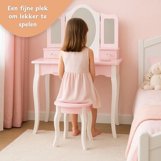 Maxx Kidz Kinderschminktisch mit Spiegel – Rosa Kinderschminktisch aus Holz mit Hocker – Schminktisch für Kinder – Spielzeug für Mädchen ab 3 Jahren
