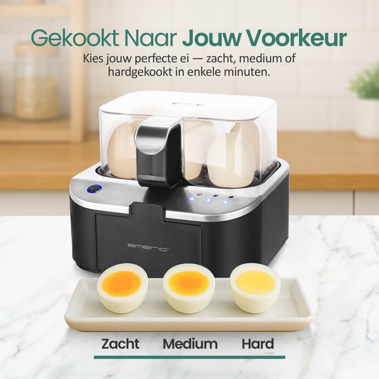 Emerio Smart Elektrischer Eierkocher – Für 6 Eier – 400 W – Sprachansagen – Hart, weich und mittel gekocht gleichzeitig – Inklusive Messbecher – EB-123177.12 – Eierkocher Schwarz
